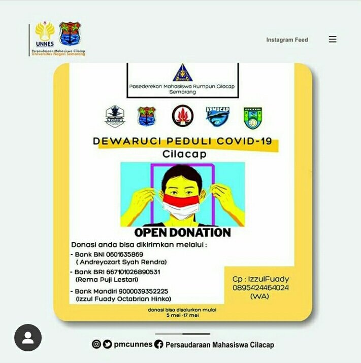 pmcunnes's tweet photo. DEWARUCI PEDULI COVID-19 CILACAP
[OPEN DONATION]

Pasederekan Mahasiswa Rumpun Cilacap-Semarang mengadakan donasi utk saudara-saudara kita yg membutuhkan.
.
#ayodonasi #cilacapbisa #cilacapkekinian #cilacapzone #cilacapvisit #explorecilacap #cilacapbercahaya #orangapakorakepenak https://t.co/7KQzNn2zaE