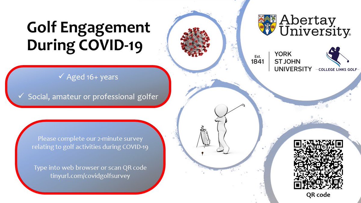 We would appreciate your time to complete the two parts of our short survey (tinyurl.com/covidgolfsurvey). Please RT if possible and follow @covidgolfstudy. Open globally to all 16+ year old social, amateur and professional golfers ⛳️