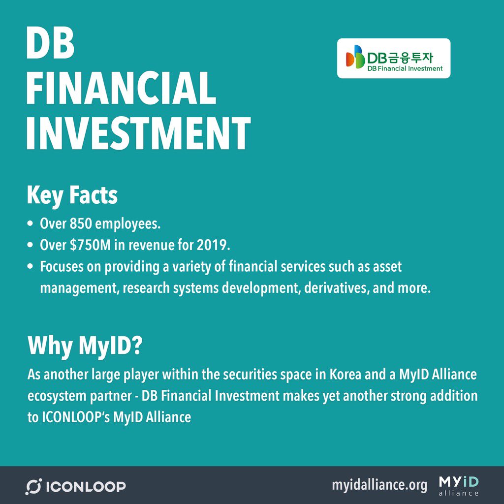 DB Financial Investment - another large financial institution within  #ICONLOOP’s MyID Alliance. With over 850 employees, over $750M in revenue for 2019 - DB Financial Investment makes another strong addition to  #ICONLOOP’s MyID Alliance. #Blockchain  #Crypto  #ICONProject  $ICX
