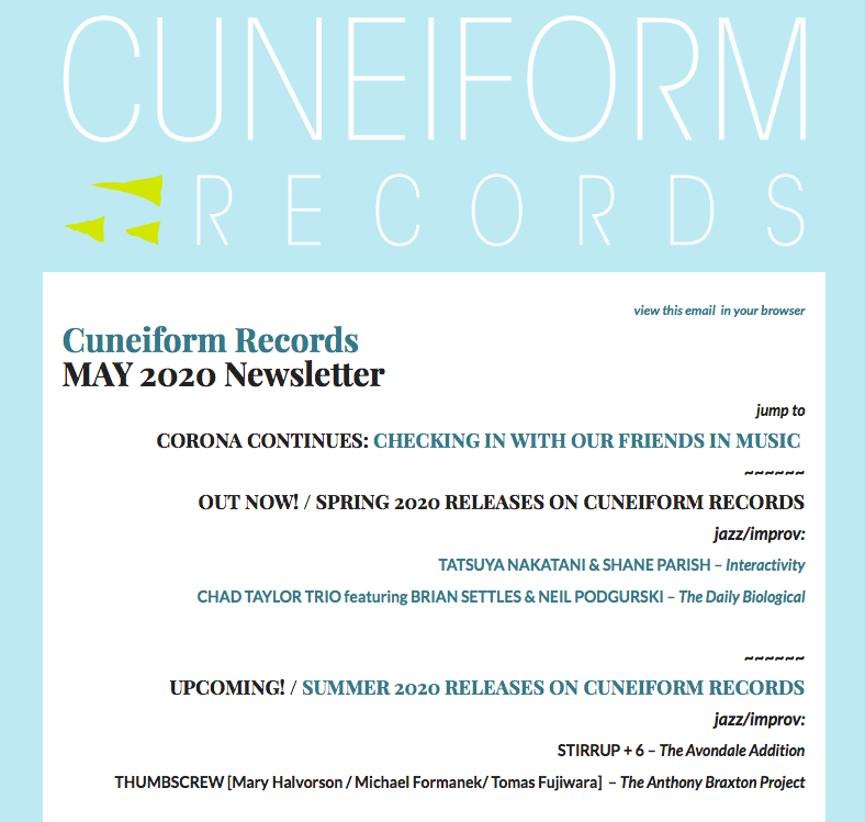 cuneiformrecord's tweet photo. Cuneiform Records May 2020 Newsletter: New Spring &amp; Summer Jazz Releases - https://t.co/30fmJW3f6n https://t.co/kbJH6a8nsO