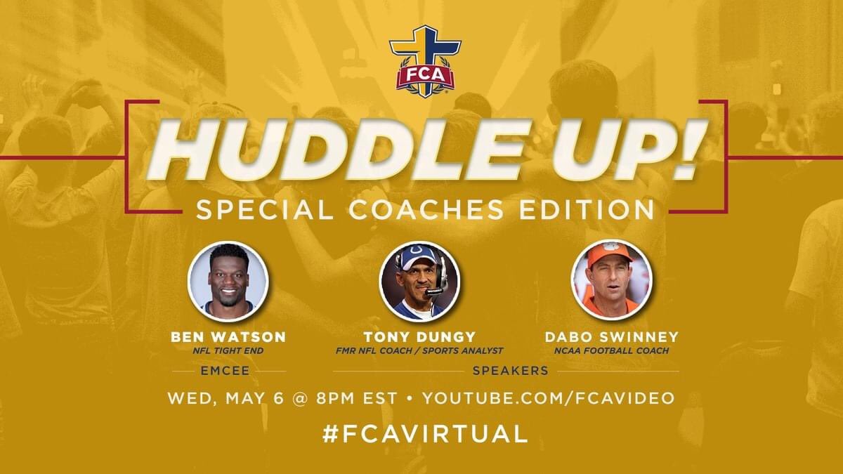 GoldenIslesFCA's tweet photo. In this season without sports, the need to connect as a team is critical. FCA is hosting a YouTube live event called “Huddle Up!.#FCAvirtual #FCA100

Join us WEDNESDAY May 6 at 8:00PM EST: https://t.co/47y4VWU7n3 https://t.co/okHzKHKV9M