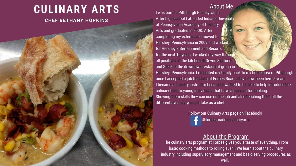 ForbesRoadCTC's tweet photo. As promised the other half of our fiery duo in Culinary Arts. Chef Hopkins has an incredible drive to move her program forward with new and creative ideas! Email her at bethanyh@forbesroad.com for any questions regarding Culinary Arts. https://t.co/329QEJr0hl