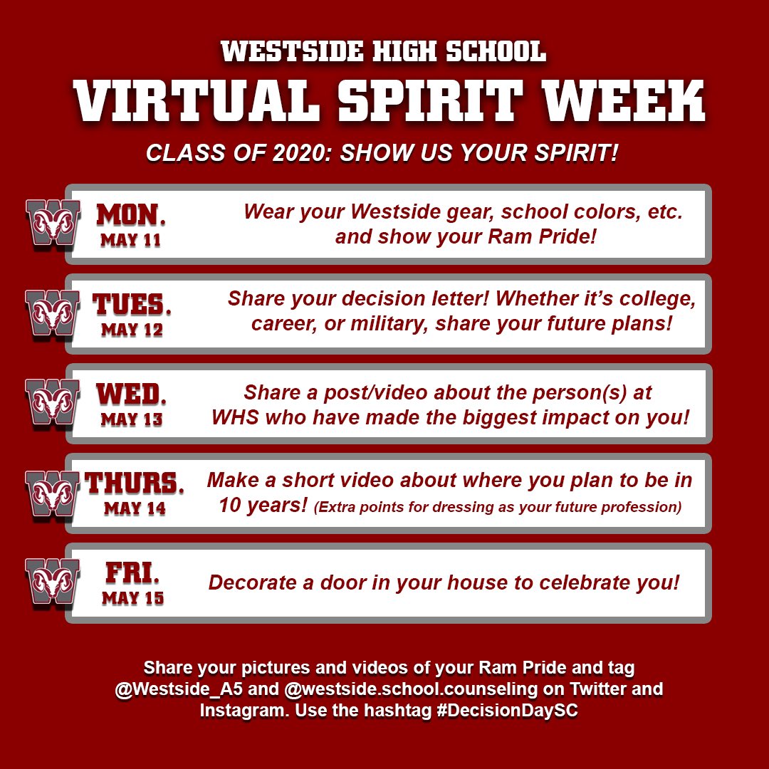 We will be celebrating our Seniors with a virtual spirit week! We are so proud of them and want to share the amazing accomplishments of the Class of 2020! See the Westside Homepage for more details! <a href="/AndersonFive/">Anderson Five</a>