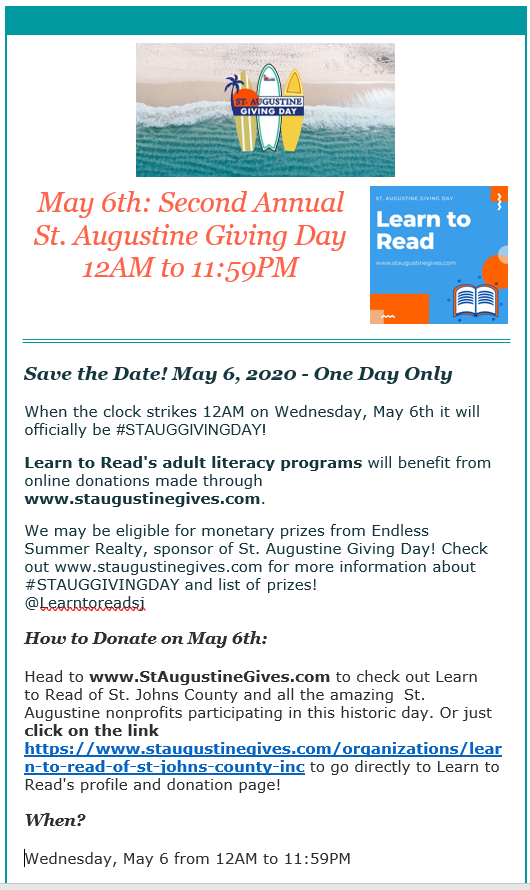 LearnToReadSJ's tweet image. Just 2 days to St. Augustine Giving Day!  Please support Learn to Read of St. Johns County and its adult literacy free tutoring services.  staugustinggives.com #STAUGGIVINGDAY #LITERACY #THANKYOU