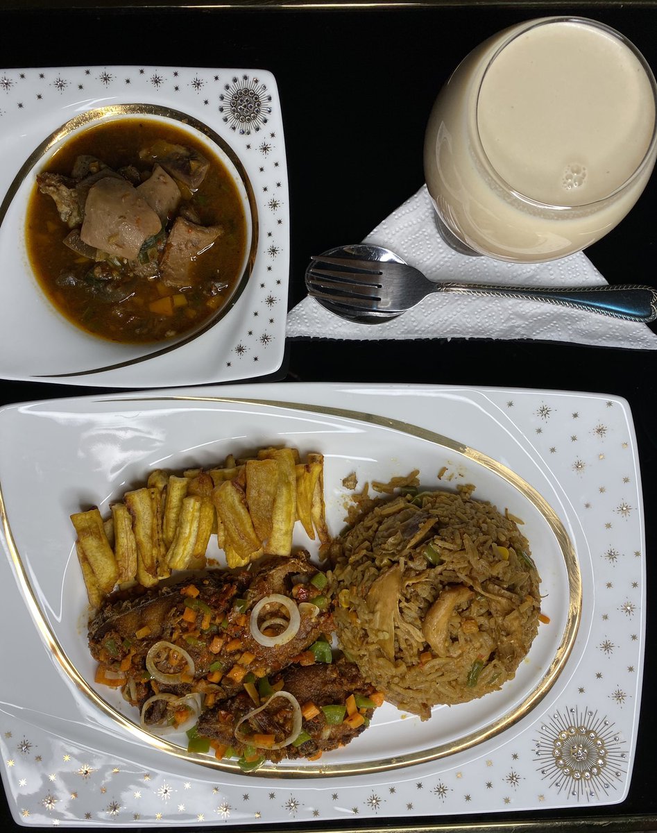 Day 8: Soy sauce fried rice, peppered fish, plantain with Assorted Pepper soupDrink: Date Sweetened Coconut Milk