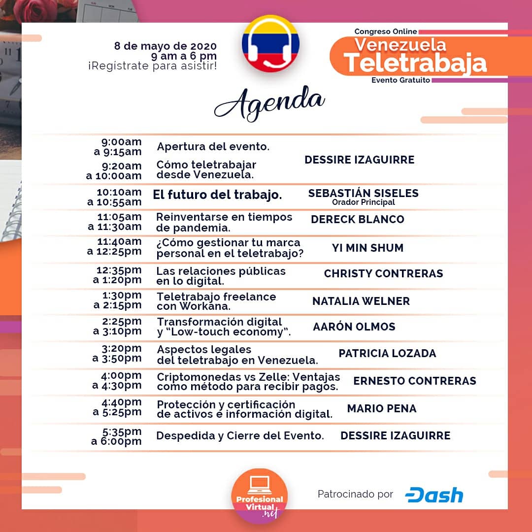PFVirtual's tweet photo. ¡El Congreso online #Venezuelateletrabaja es el 8/5! Te espera 1 DÍA de información con expertos venezolanos e invitados internacionales de lujo. Gracias al patrocinio de @Dashpay @DaleConDash
Inscríbete: https://t.co/Kux3xoeGI1 https://t.co/qXF5QIRnrE