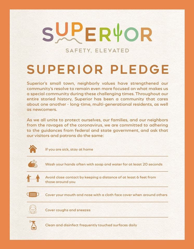 Mayor_Mila's tweet photo. We are preparing for a safe & strong reopening in Superior. Our business leaders and town govt collaborated on a #safetypledge to help set the stage for a safe reopening. #togetherwearesuperioraz #superiorstrong #safetyelevated #communityelevated #adventurelevated https://t.co/MOlJQfRHvD