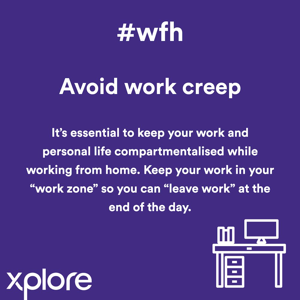 xplore4success's tweet photo. #wfh
Avoid work creep!
It’s essential to keep your work and  personal life compartmentalised while working from home. Keep your work in your “work zone” so you can “leave work” at the end of the day.
#xplore #xploreforsuccess #sfh #workcreep #worklifebalance https://t.co/i2JPrN9o41