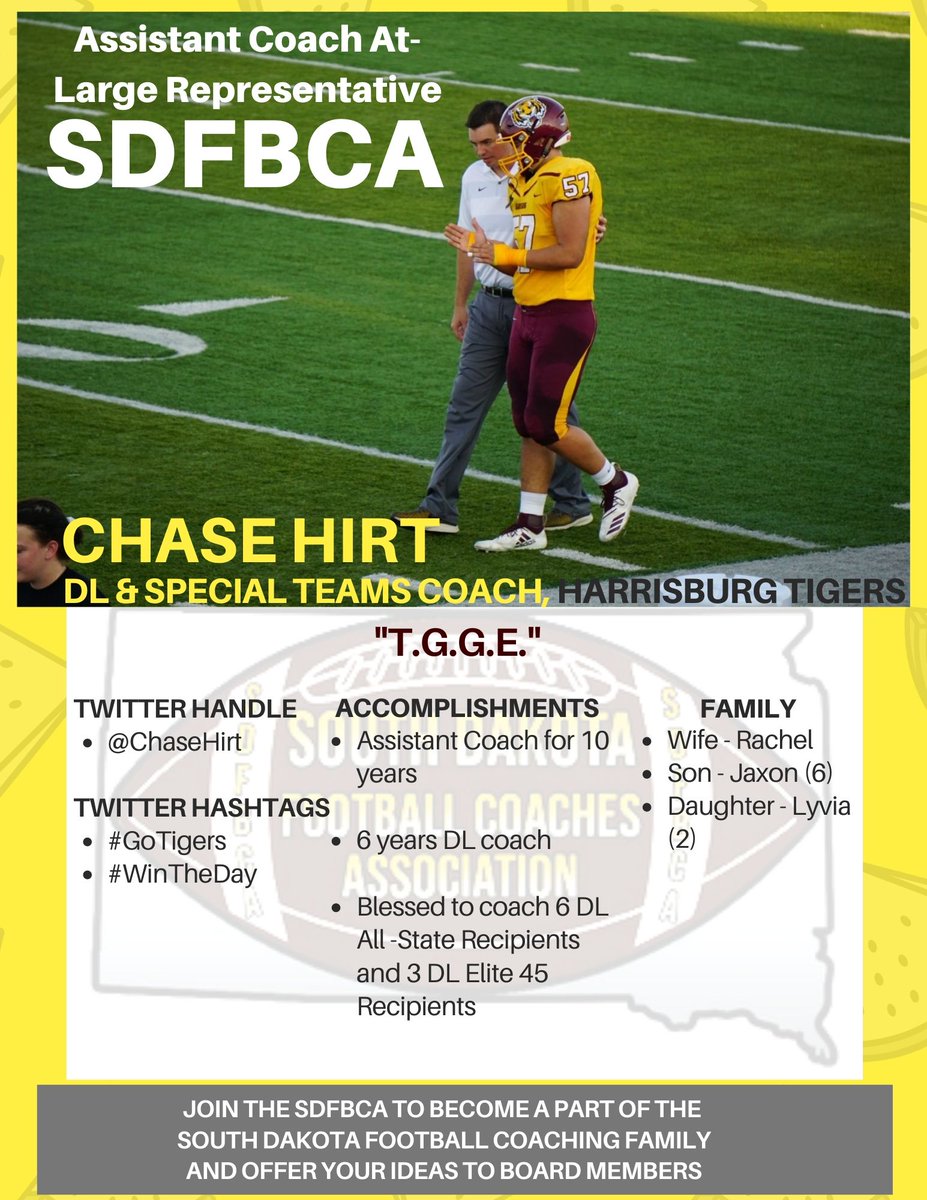 sdfbca's tweet photo. We are featuring our @SDFBCA board members, who give their time &amp; talents to support &amp; celebrate high school football in #SoDak

Retweet. Connected coaches care more.

Meet Assistant Coach At-Large Representative @ChaseHirt of @HHSTigerFBall @HarrisburgHigh #GoTigers #WinTheDay https://t.co/vVlT9fvYab