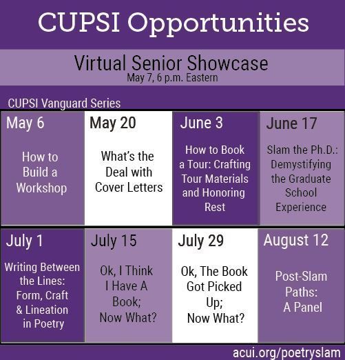 Come be a part of CUPSI's virtual upcoming events! The Vanguard Series is starting THIS Wednesday with the 1st session aimed at helping writers and artists design writing/poetry workshop curriculum! <a href="/ACUIPoetrySlam/">ACUI CUPSI</a>