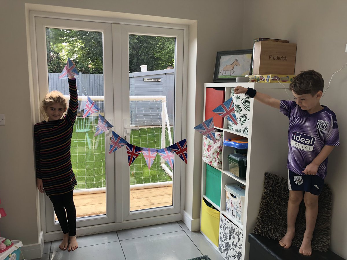 Kellyca41266738's tweet photo. These two coloured in the flag templates and made them into bunting for V.E day @MissHowes2 @MrMarshDawleyB1 https://t.co/t2F3AivO7J