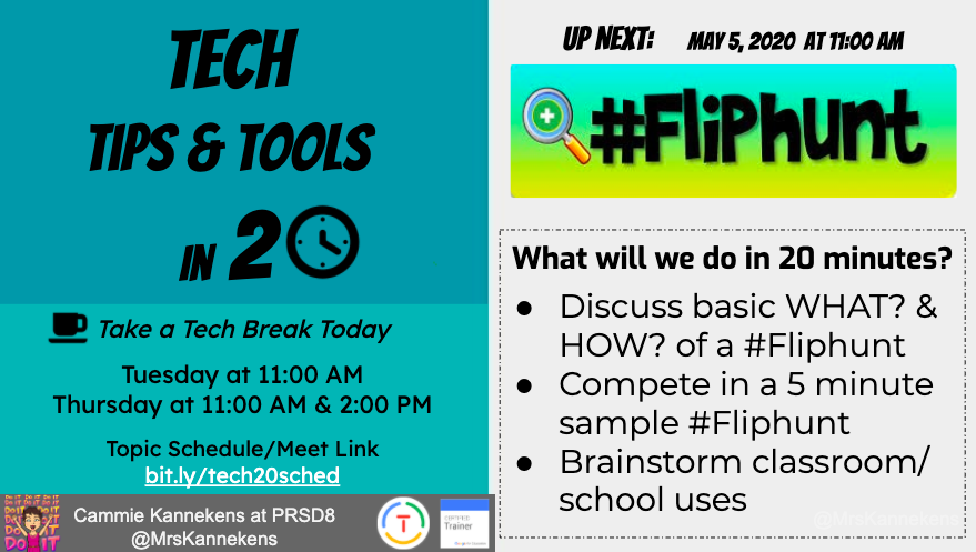 MrsKannekens's tweet photo. Hey @PrairieRoseSD8 #PRSD8 & friends @allisonknodel @yanishewski...
"Meet" at #TechTipsin20 tomorrow (Tuesday) at 11am MST as we learn how to do a @Fipgrid #Fliphunt - including a game for prizes!
All the info you need is at https://t.co/54ksttul6u + bring a mobile device https://t.co/JUVR9bd0k9