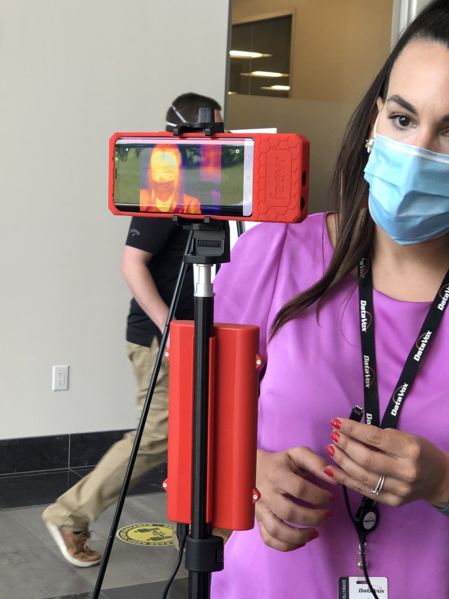 DataVox's tweet photo. DataVox is back in the office! Thanks to @densityio’s people counter & @ShooterDetect FEEVR (heat sensing) technology, our COVID-19 Task force and our amazing HR team, we welcomed our employees back to a safe and healthy work environment #DataVox #ReturnToWork #FEEVR https://t.co/lISOGJ2KTp