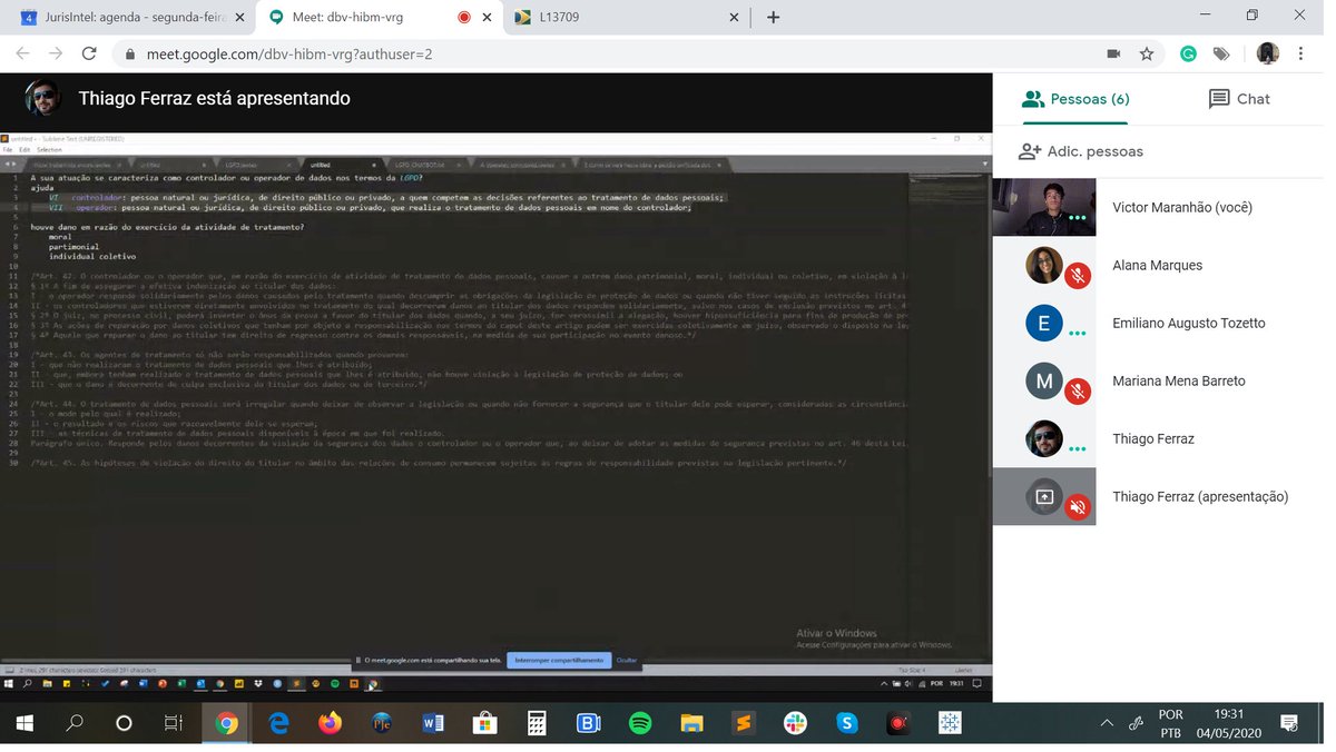 SPlegalhackers's tweet photo. Rocking (coding) on our Week 02 of the #CLPlus2020 challenge! Coding a chatbot for our Brazilian Data Protection Regulation #LGPD ... This is Team08 weekly meeting happening right now!
#legalhack #splegalhackers https://t.co/t6MVbQQ6wk