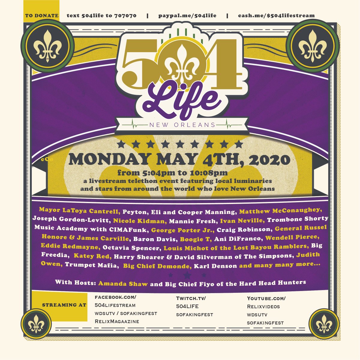 How to beat post-Jazz Fest #festinginplace blues? Tune into <a href="/504LIFEstream/">504LIFEstream</a> from now 'til 10:08pm for a livestream fundraising event featuring local artists and stars. Proceeds will go toward PPE for New Orleans' frontline workers. Love our NOLA community! #504LIFE