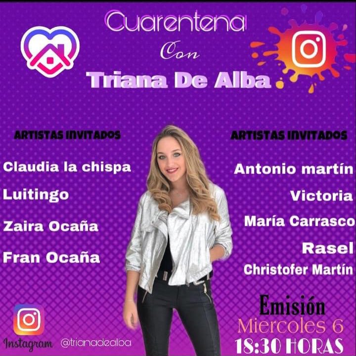 Os espero a todos en mi instagram <a href="/trianadealba/">Trianalavozkids</a> el próximo miércoles a las 18:30!h.
Nuestros artistas invitados nos contarán muchas cositas...😉😉
#entrevistas 🎙 
#noticias 📝
#cuarentena 4️⃣0️⃣ #confinamiento 🏠