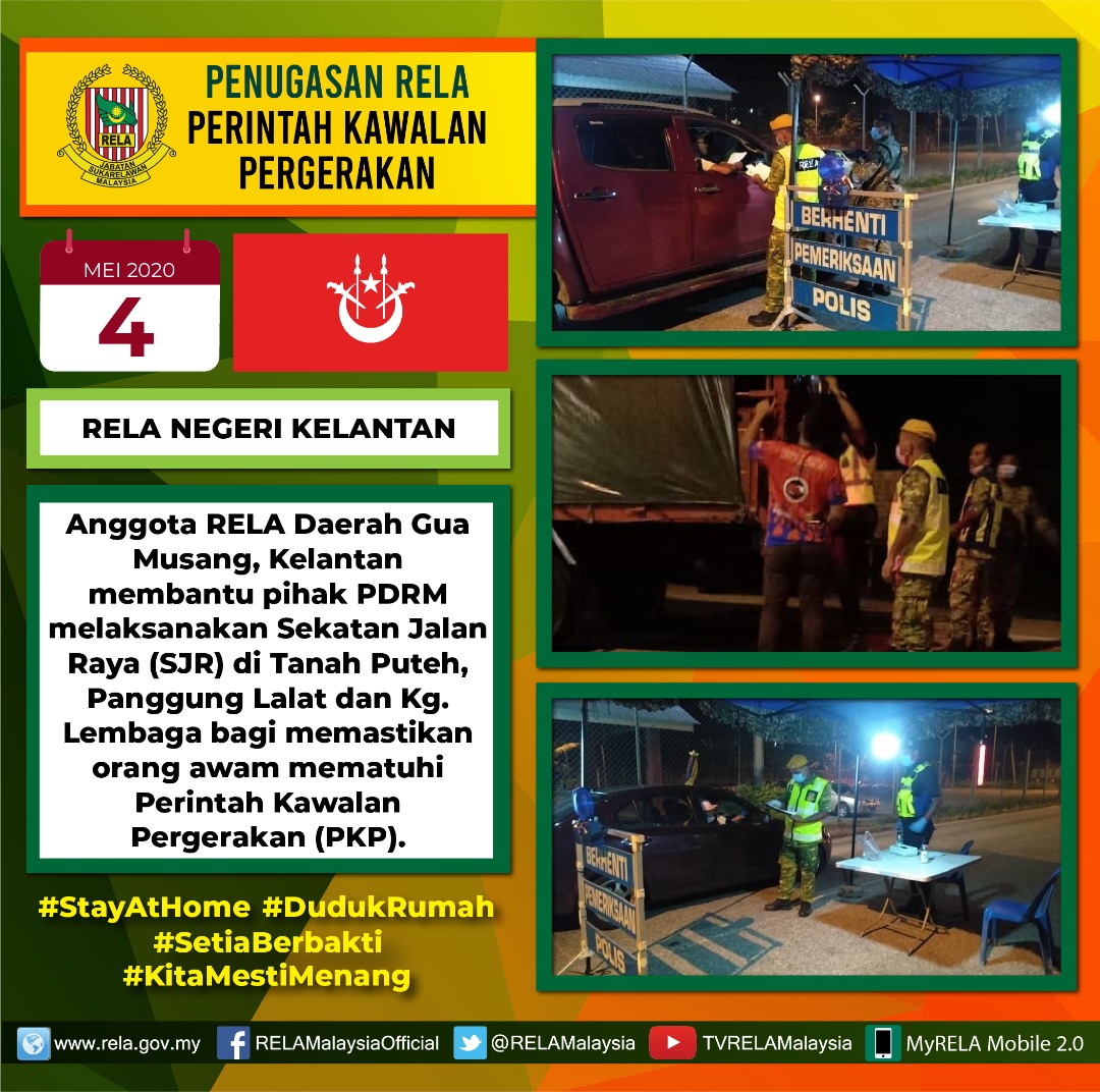 #COVID19
Antara penugasan pegawai dan anggota RELA di seluruh negara | 4 Mei 2020 
#SetiaBerbakti
#StrongerTogether
#StayAtHome  
#KitaMestiMenang
<a href="/JamilRakon/">Jamil Rakon</a>
<a href="/KDNPUTRAJAYA/">KDN🇲🇾</a> 
<a href="/kamarudin_rapig/">Kamarudin Mohd Rapig</a>