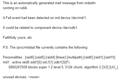 KutilDomaci's tweet photo. Tak tohle je přesně ten mail, který chcete v 0:45 po dloouhém dni dostat. #tonechces #debian #mdraid https://t.co/0q7PtLe3F1