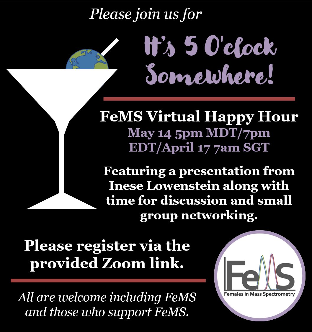 FemalesInMS's tweet photo. Please join us for our third FeMS Virtual Happy Hour: It’s 5 O’Clock Somewhere! We are thrilled that Inese Lowenstein, President of SCIEX, will be joining us to share her journey. All are welcome! 🍷 Please register at https://t.co/TG4GTAuXhD https://t.co/Tnu7iBOVtT