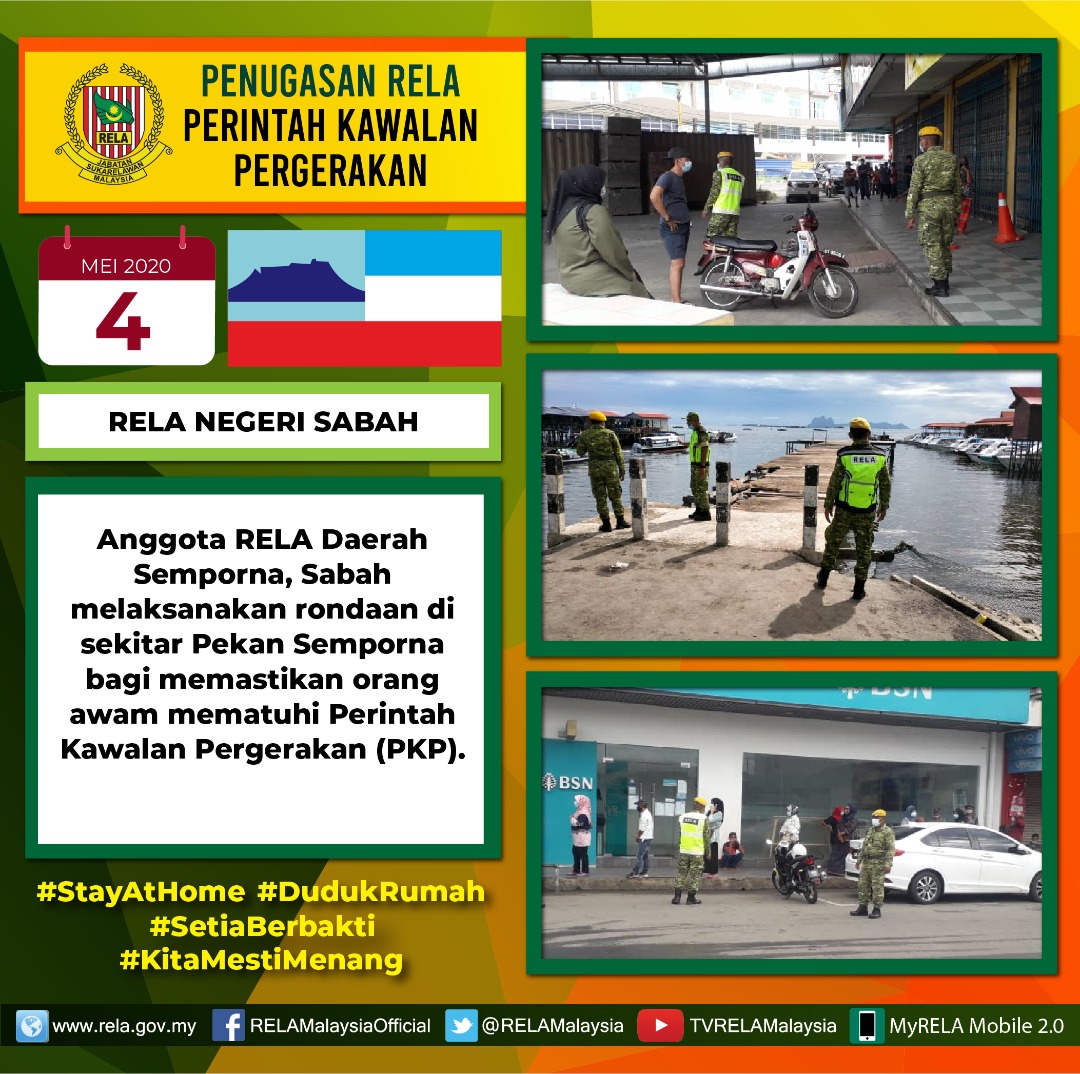 #COVID19
Antara penugasan pegawai dan anggota RELA di seluruh negara | 4 Mei 2020 
#SetiaBerbakti
#StrongerTogether
#StayAtHome  
#KitaMestiMenang
<a href="/JamilRakon/">Jamil Rakon</a>
<a href="/KDNPUTRAJAYA/">KDN🇲🇾</a> 
<a href="/kamarudin_rapig/">Kamarudin Mohd Rapig</a>