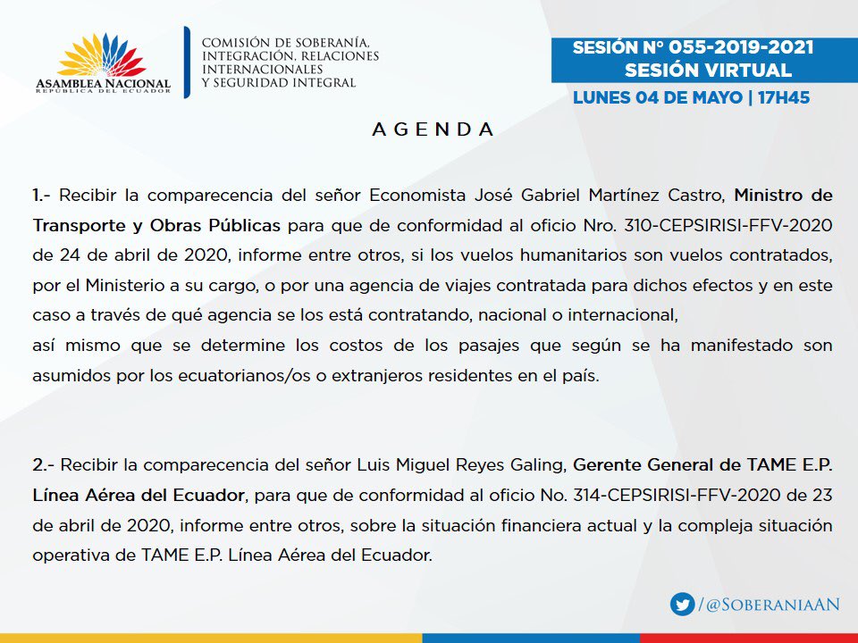 RRIIMovilidadAN's tweet photo. ➡️ Se instala la sesión No. 055 de la Comisión @SoberaniaAN para recibir la comparecencia del Ministro @ObrasPublicasEc, Gabriel Martínez, y al personal de @Tame_EP, para informar sobre los vuelos humanitarios y contratados, durante esta crisis sanitaria. https://t.co/skz8TsRGwW