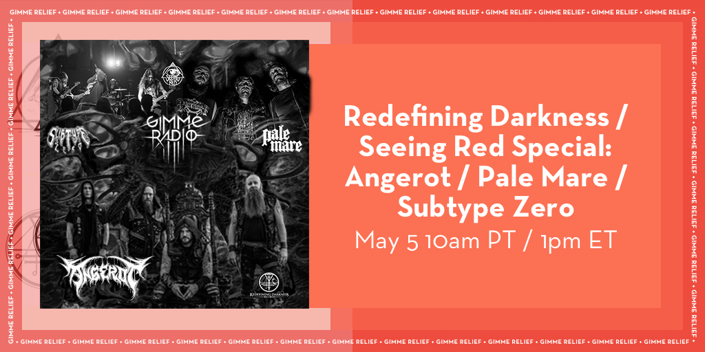 It’s special three-way #GimmeRelief show TOMORROW featuring #RedefiningDarknessRecords' #Angerot and #SeeingRedRecords #PaleMare and 
<a href="/subtypezeroband/">Subtype Zero</a>. All tip jar proceeds will go directly to the label's rosters releasing music despite this pandemic. See you in the live chat!
