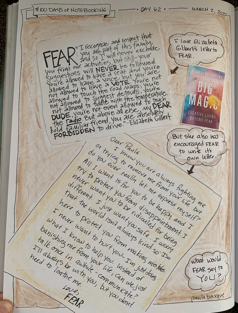 LitCoachLady's tweet image. Goodbye all! Thanks for another great #TeachWrite Chat. Here&apos;s one notebook page I like (I can&apos;t have a favorite...they&apos;re like my babies!) It&apos;s one that reminds me that fear doesn&apos;t have to be my enemy.