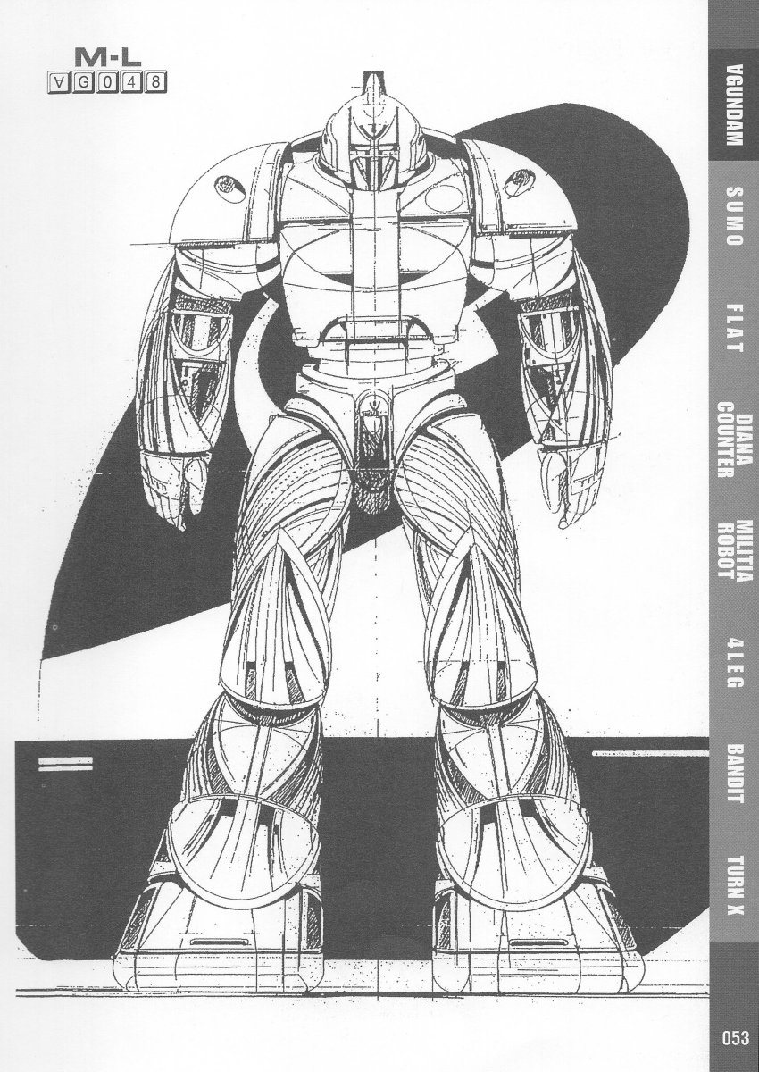 An early concept design of the Turn A Gundam—Syd Mead's 1st presentation of the "M" series. This design was rejected and later repurposed into the SUMO.