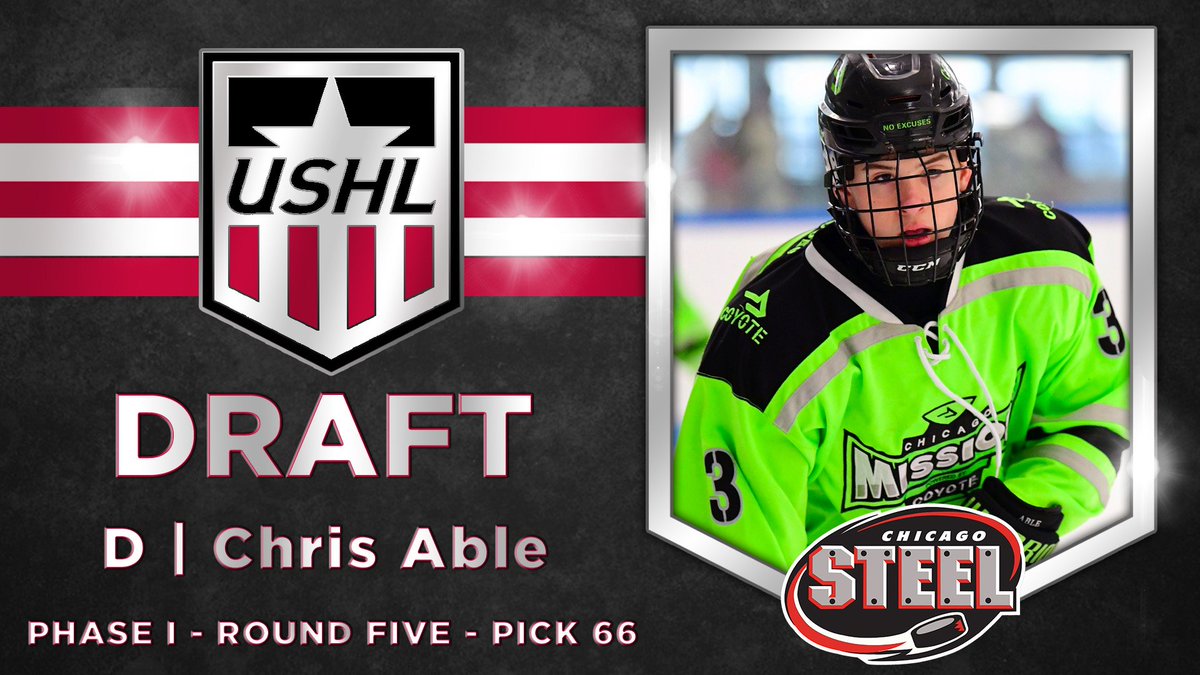 USHL's tweet photo. @ChicagoSteel @BlckHawksHockey @fightingsaints @MadCapsHockey @Musketeerhockey @TriCityStorm @bucshockey @MuskegonJacks @YtownPhantoms @sfstampede @LincolnStars @GamblersHockey @FargoForce @OmahaLancers @RidertownUSA Phase I
Round 5
Pick 66
@ChicagoSteel 
Chris Able https://t.co/xQCSBe7ySc
