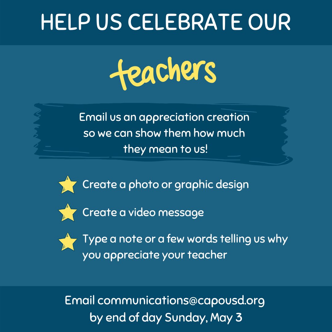 VDMESMakos (@vdmesmakos) on Twitter photo Join us as we celebrate our teachers next week during Teacher Appreciation Week! Submit your creation by end of day on Sunday, May 3 by emailing communications@capousd.org. By submitting your creation, you are giving permission to Capistrano Unified to use and share the content. Join us as we celebrate our teachers next week during Teacher Appreciation Week! Submit your creation by end of day on Sunday, May 3 by emailing communications@capousd.org. By submitting your creation, you are giving permission to Capistrano Unified to use and share the content.