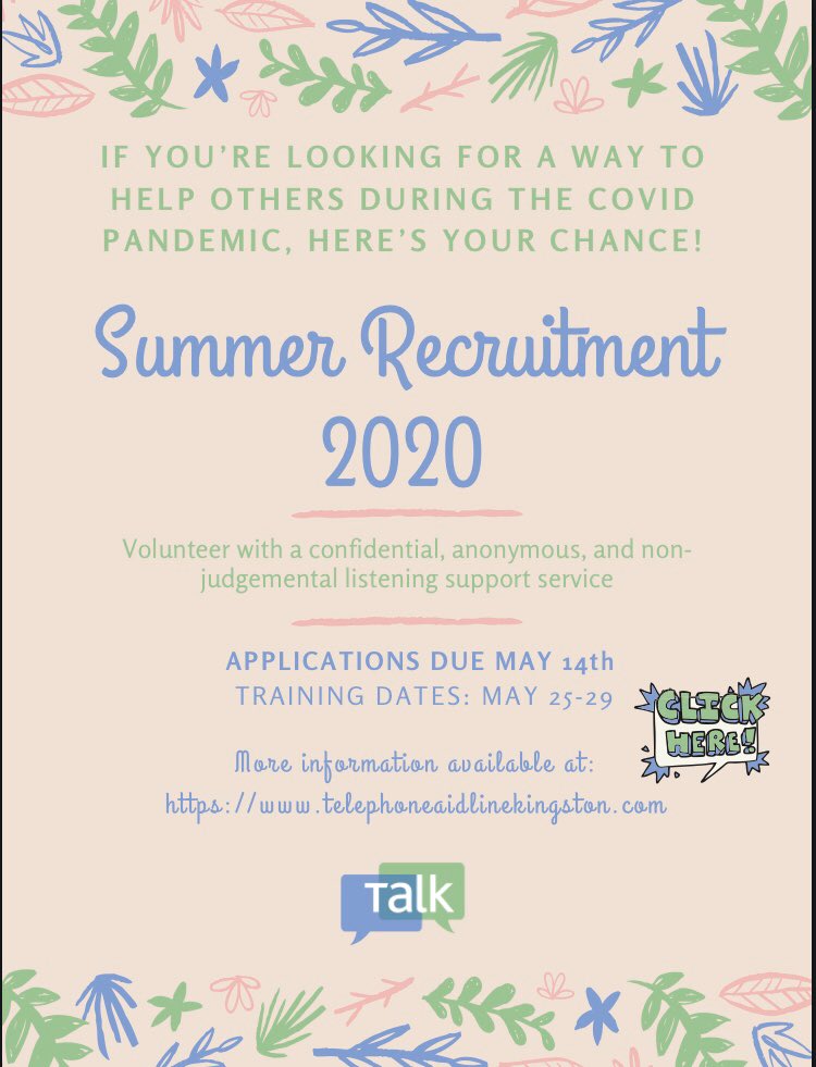 TALKingston's tweet photo. If you’re looking for a way to help others, here’s your chance! Especially in these turbulent times, many people benefit from talking. We are recruiting people who want to listen! If you’re interested, apply at  https://t.co/Dw9DH6GWQz https://t.co/5Fh6YMk290