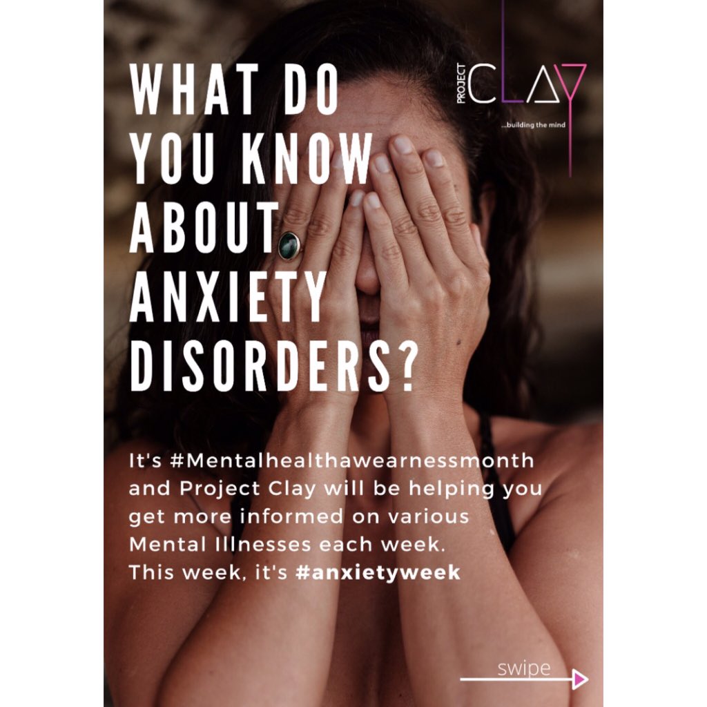 _projectClay's tweet photo. What do you know about ANXIETY DISORDERS?
It’s #mentalhealthawarenessmonth and Project Clay will be helping you get more informed on various mental health illnesses each week.😄 This week, it’s #anxietyweek https://t.co/C9qbcds1JX