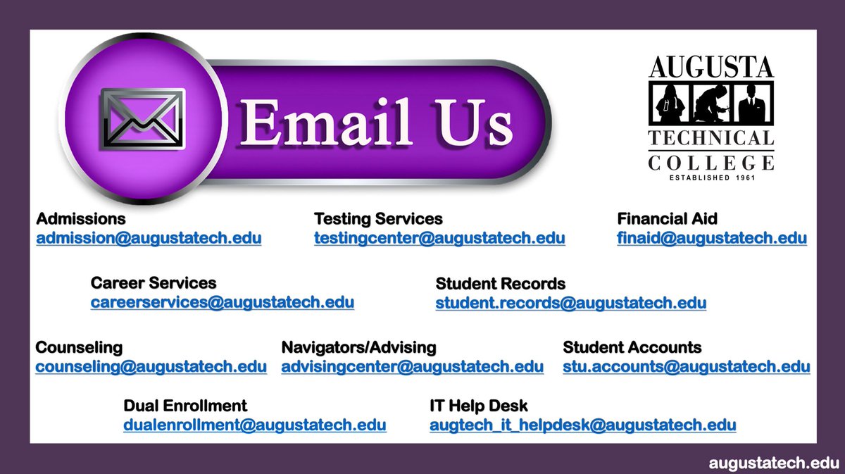 AugustaTech1's tweet photo. Augusta Tech is online and here to support you! Email us today! #AugustaTech #AugustaTechOnline #AugustaTechStudentServices https://t.co/B7v8zzW3Qg