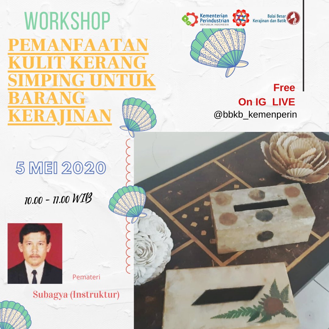 bbkb_kemenperin's tweet photo. Selamat pagi!
Jangan lupa hari ini kita bisa belajar gratis untuk kerajinan kerang.. Sampai ketemu!
#workshopgratis #virtuallearning #BBKBSiapWBBM #PelayananPublik #BirokrasiBersihMelayani https://t.co/jLLWY92F41