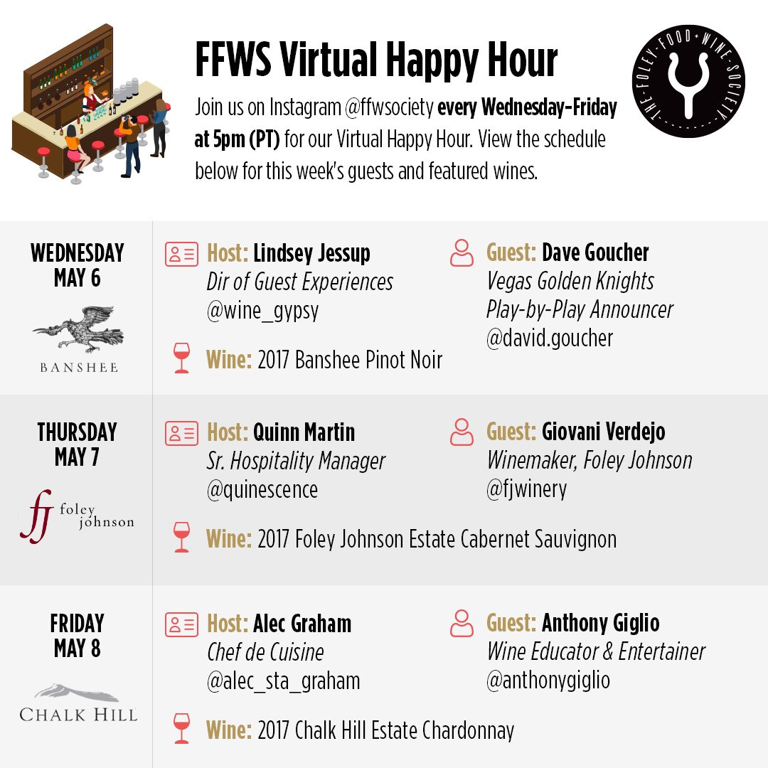Here is the schedule for #StayAtHome Virtual Happy Hour this week.

Join us during the LIVE broadcast and enjoy the same great wines as our hosts and guests, straight from the comfort of your own home. Purchase wines here: bit.ly/3b8jJG9