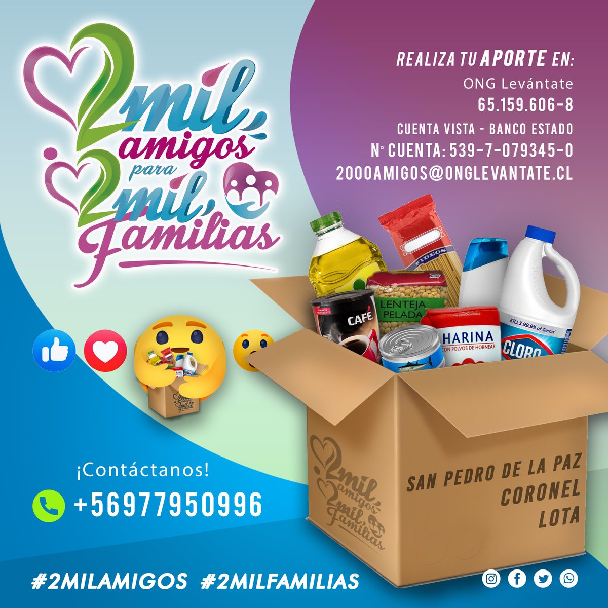 filexmaster's tweet photo. ¡Hoy por ti y mañana por mi! Damos oficialmente iniciada la campaña que buscará reunir 2 mil amigos para ayudar a 2 mil familias pertenecientes a las comunas de 📍#SanPedrodelaPaz , 📍#Coronel y 📍#Lota.

Tu colaboración es importante, únete 🙏#2milamigos #2milfamilias #Biobio https://t.co/GIGFsM6z8m