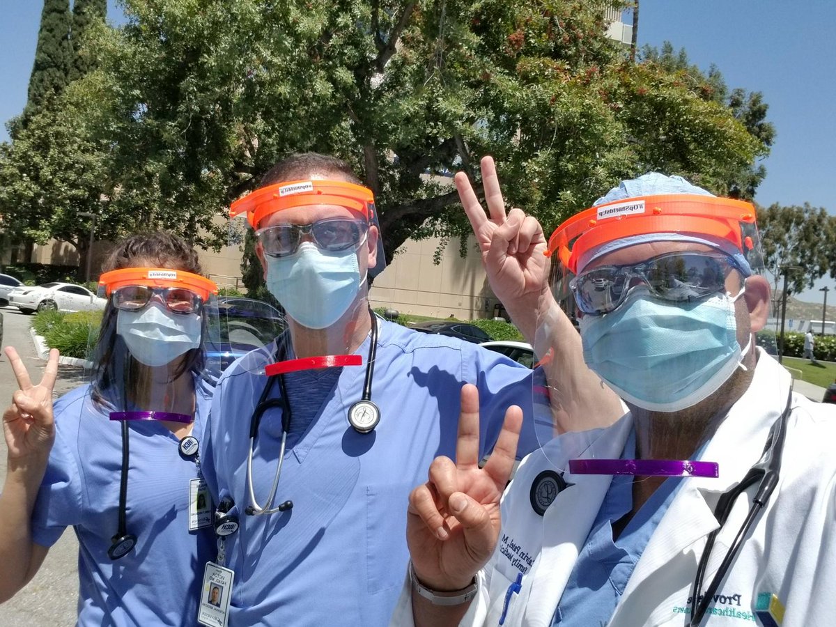 RCMADocs's tweet photo. @RCMADocs physicians putting donated PPEs to work at the hospital. Shout out to @BaysideChurch for donating 100 face shields. #PPEforDoctors https://t.co/pW9QcgsYPT