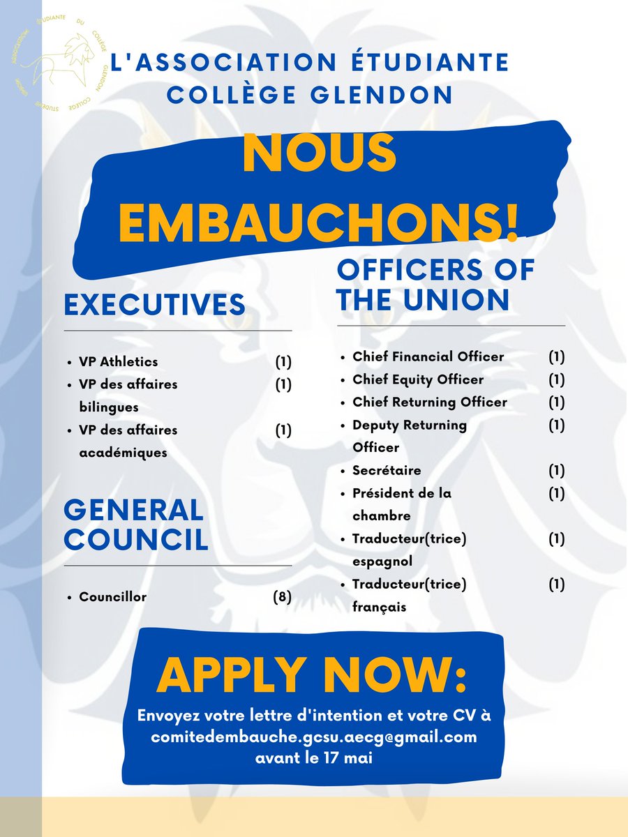 AECGCSU's tweet image. Happy May 4th, Glendon! L’Association Étudiante du Collège Glendon recherche plus de membres pour rejoindre son équipe. For more information and to apply, envoyez votre letter d’intention et votre CV à comitedembauche.gcsu.aecg@gmail.com, avant le 17 mai. 

#Glendon #AECG #GCSU