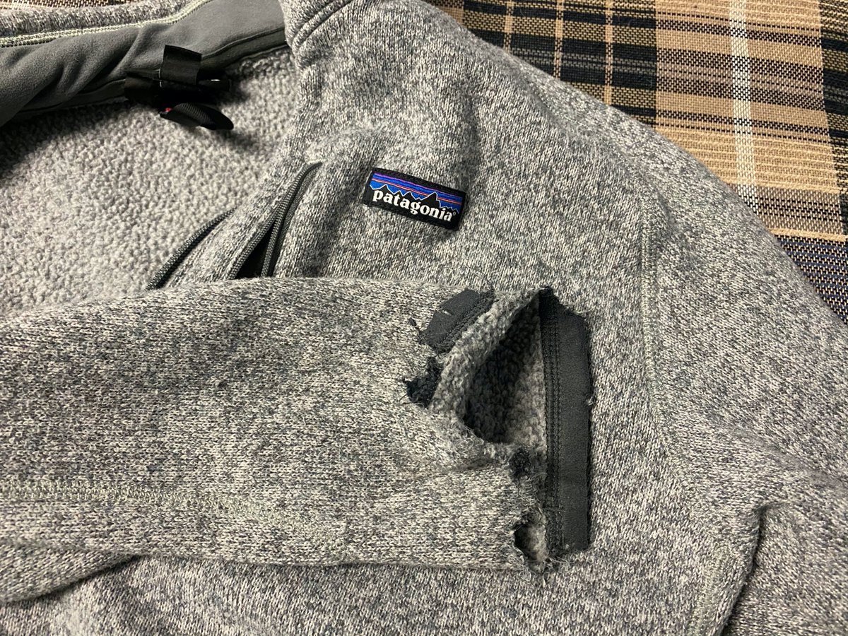BootstrapTimbo's tweet photo. Dear @patagonia I decided that my dad's #bettersweater needed to be quality control-checked by my mouth. I'm sorry to say that I was too harsh on it. Please could I have a second try? I'm really sorry! https://t.co/YtS09rZHdt
