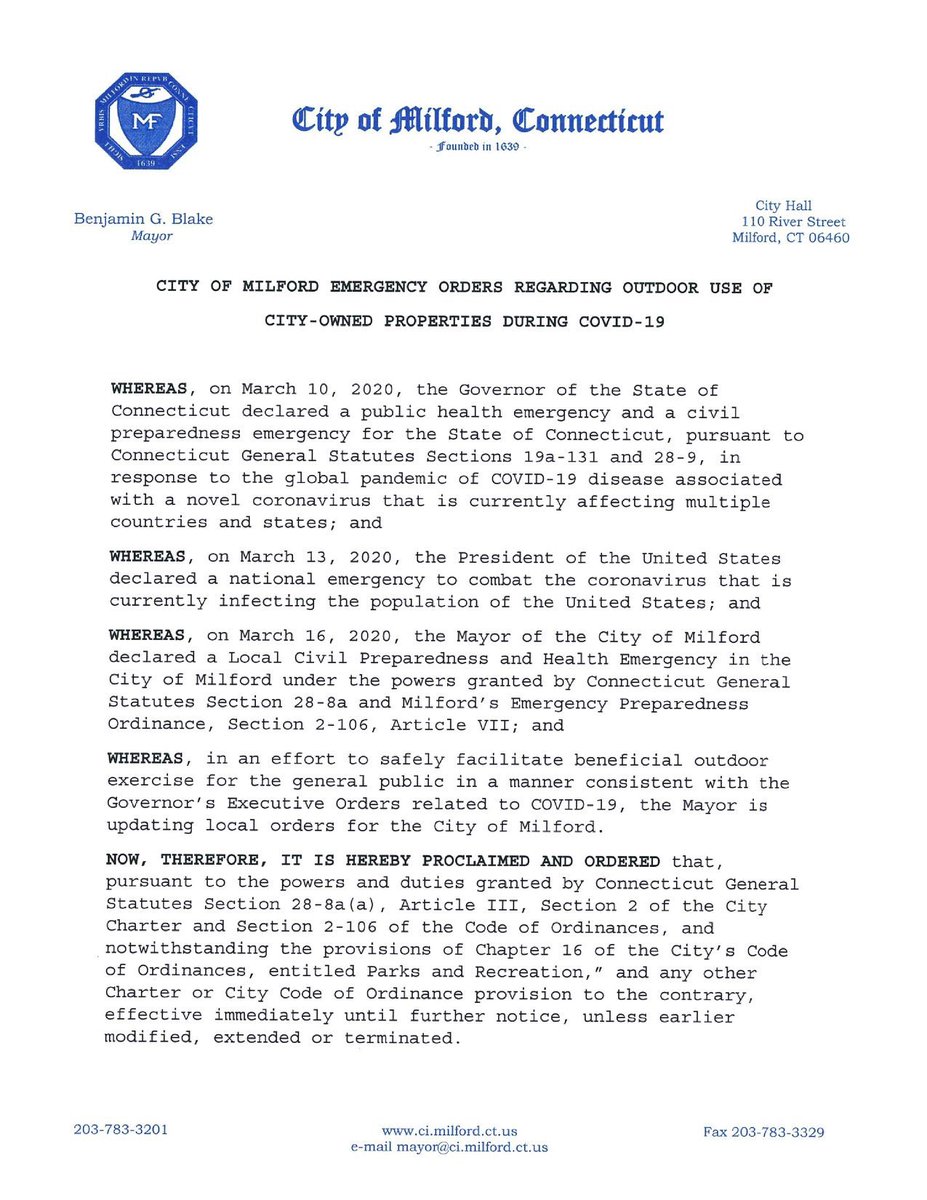🚨 Mayor Blake Updates Use of Outdoor Recreational Facilities and Restricts Beaches and Other City Amenities to Milford Residents Only.  

See Emergency Order Here: ci.milford.ct.us/home/news/city…