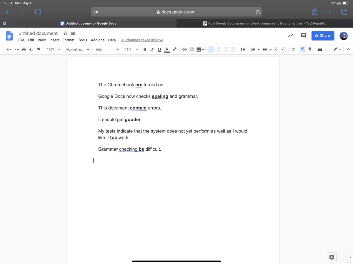 Photo of Google Docs with test text that contains 7 errors (text is in body of linked article)