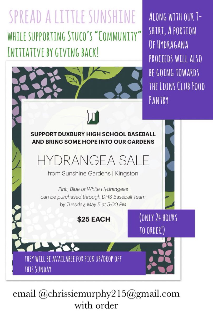 Looking for a last minute Mother’s Day Gift &amp; to support the community for this month’s BALANCE initiave? <a href="/DuxburyBaseball/">Duxbury HS Varsity Baseball</a> Hydrangas are perfect! A portion of the proceeds will also go towards the Lions Club Food Pantry. Info below!🌸 order in the next 24 hours!