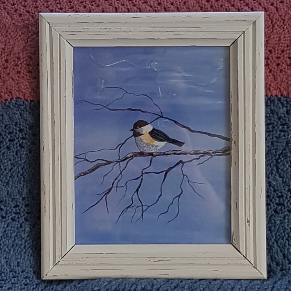 fivebluebuttons's tweet photo. Mother's Day sale!

A print of a chickadee painted by my mom. Measures 8x10. Wood frame distressed - shabby chic style.
$25 + shipping.
If you live in eastern PEI, I can deliver it to your doorstep for $5.00 (but I will not come in 😷).
Cash, cheque, or e-transfer accepted. https://t.co/QcH3pRwUKx