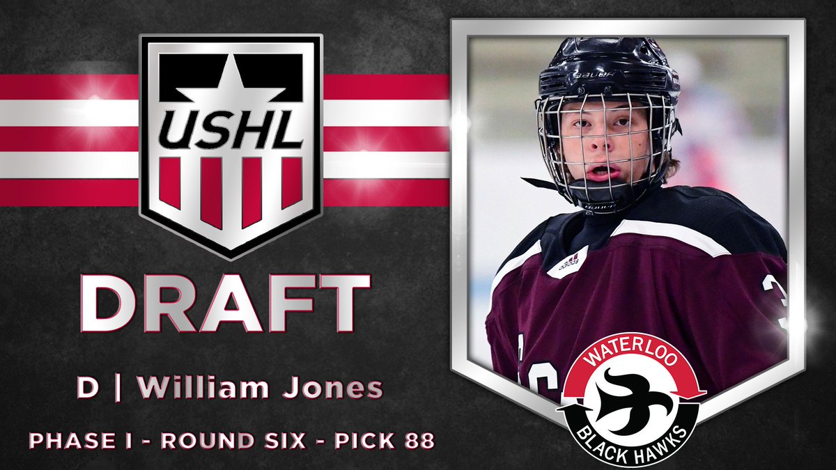 <a href="/ChicagoSteel/">Chicago Steel</a> <a href="/BlckHawksHockey/">Waterloo Black Hawks</a> <a href="/fightingsaints/">Dubuque Fighting Saints</a> <a href="/MadCapsHockey/">Madison Capitols</a> <a href="/Musketeerhockey/">Sioux City Musketeers</a> <a href="/TriCityStorm/">Tri-City Storm</a> <a href="/bucshockey/">Des Moines Buccaneers</a> <a href="/MuskegonJacks/">Muskegon Lumberjacks</a> <a href="/YtownPhantoms/">Youngstown Phantoms</a> <a href="/sfstampede/">x - Sioux Falls Stampede</a> <a href="/LincolnStars/">Lincoln Stars</a> <a href="/GamblersHockey/">Green Bay Gamblers</a> <a href="/FargoForce/">Fargo Force</a> <a href="/OmahaLancers/">Omaha Lancers</a> <a href="/RidertownUSA/">Cedar Rapids RoughRiders</a> Phase I
Round 6
Pick 88
<a href="/BlckHawksHockey/">Waterloo Black Hawks</a>
William Jones