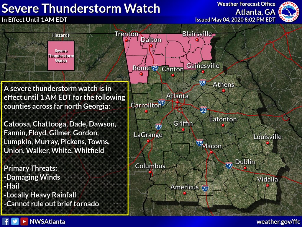 NWSAtlanta's tweet photo. A severe thunderstorm watch has been issued for parts of far north Georgia until 1 AM EDT.

Approximate Timing of Storms:
Starting around 10PM until the early morning hours.

Threats:
-Damaging Winds
-Hail
-Locally Heavy Rainfall
-Cannot Rule Out Brief Tornado https://t.co/h4rjRxV9Py