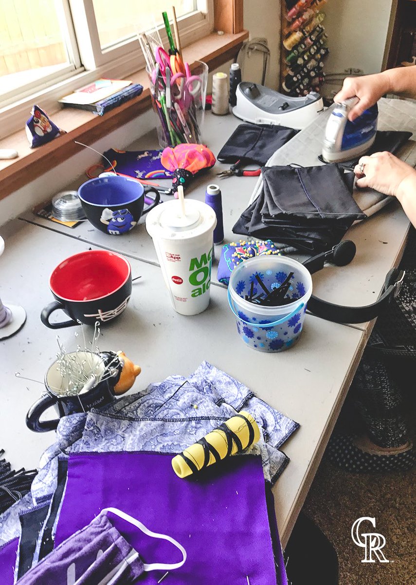 Rockies's tweet photo. The Crawfords &amp; Drakes made half of the Rockies masks in their living room.

A retired respiratory therapist, Paul now owns Twisted Rabbit Creations, a bath and body store in Pueblo. A friend asked if they’d make a mask, it took off from there. This design includes filter insert. https://t.co/JiedTJ9DmI
