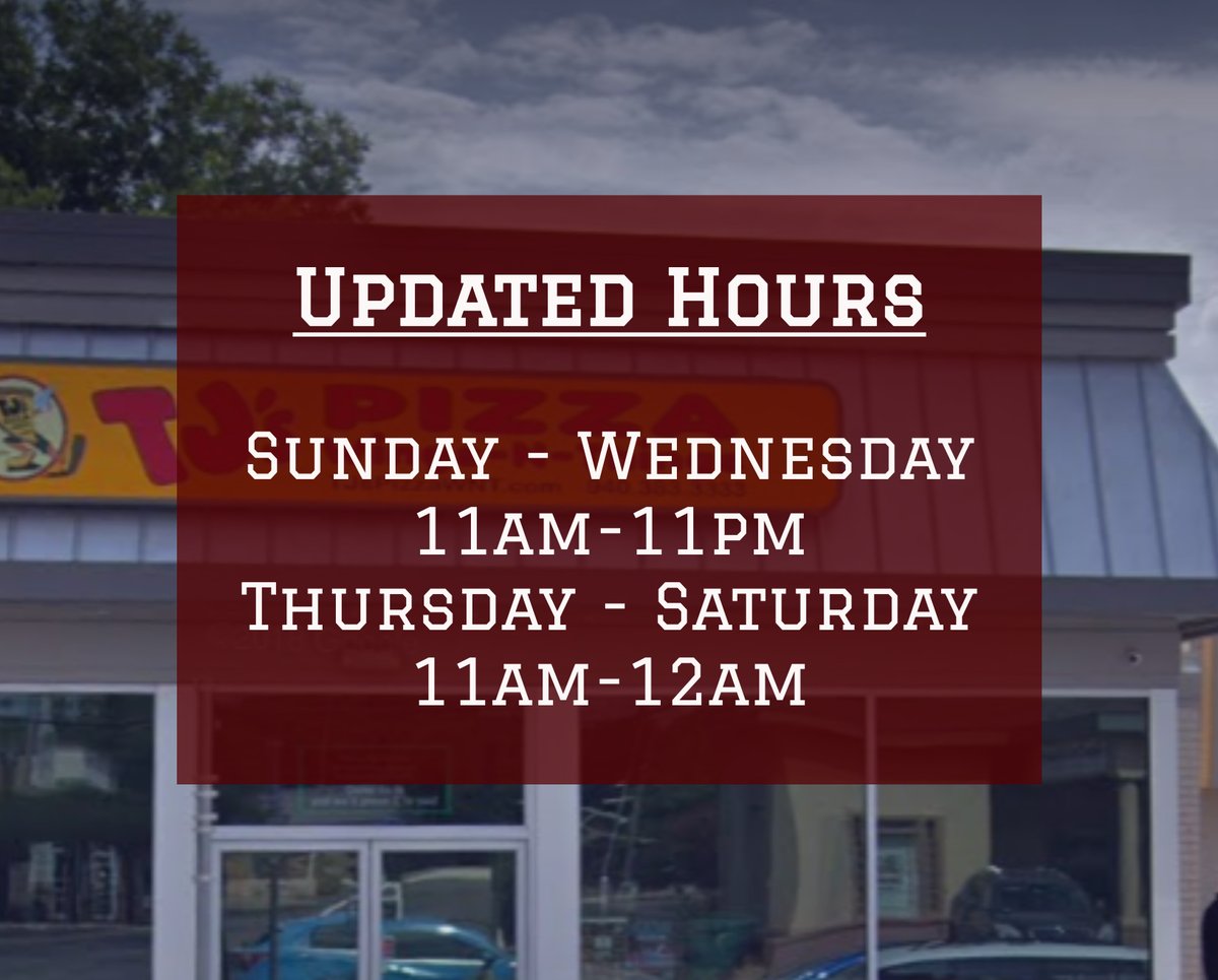 TJsPizzaWNT's tweet photo. Here are our updated hours during COVID-19! #socialdistancing #tjspizzawnt #calzones #dentonpizza #supportlocal #dentonlocal #dentonite #smokedwings #localpizza #localwings https://t.co/L52nTNeF7a