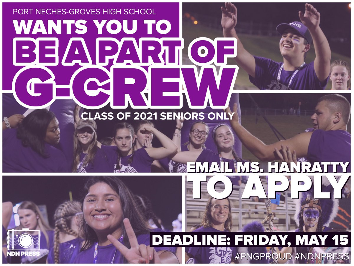 🚨ATTN CLASS OF 2021 SENIORS: Applications are now being accepted to be a part of the 2020-21 G-Crew. 

Contact sponsor Ms. Lauren Hanratty at lhanratty@pngisd.org to be sent an application and instructions. (1/2)