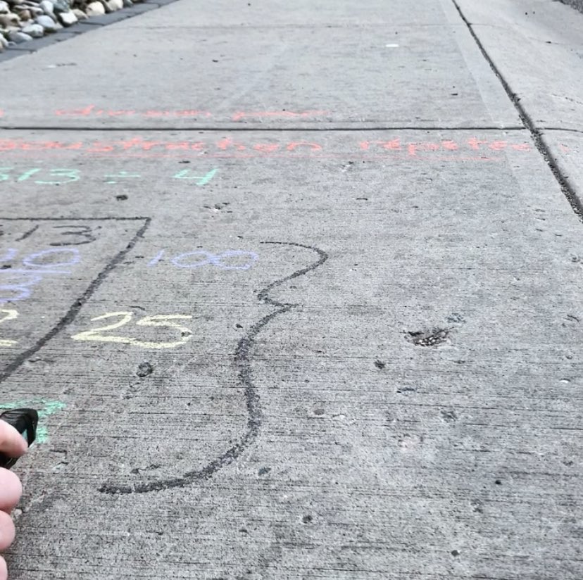 MsGanshirt's tweet photo. Wanted to be creative outside & spent a ridiculous amt of time planning a “sidewalk math” mini lesson. Didn’t notice I’d bumped my tripod so the entire video is framed like this. Oof. Will try again tomorrow!🤦🏻♀️ #supplementallearning #cinematographyfail https://t.co/iPgpJecJiB