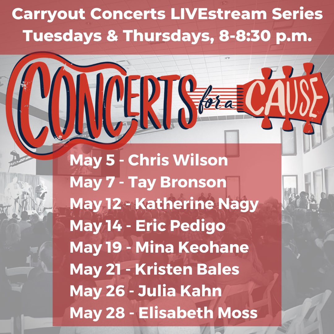 IndyCFAC's tweet photo. We’re excited to share the May line up for our CFAC Carryout Concert Live Stream Series. See the list below for some incredibly talented Indianapolis artists. 

Tune in at our page group (https://t.co/mAFvaCu81a) on Tuesdays and Thursdays at 8 p.m. to grab your seat for the show! https://t.co/hz9TFlAg5a